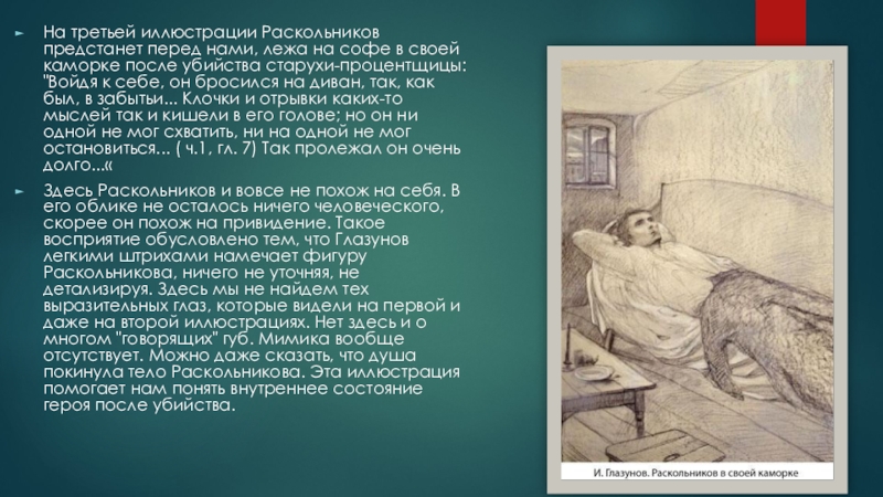 На третьей иллюстрации Раскольников предстанет перед нами, лежа на софе в своей каморке после убийства старухи-процентщицы: 