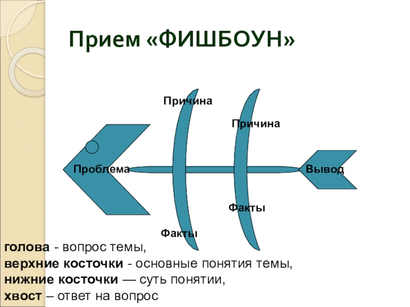 Прием «ФИШБОУН»ПроблемаПричинаПричинаФактыФактыВыводголова - вопрос темы, верхние косточки - основные понятия темы,нижние косточки — суть понятии, хвост –