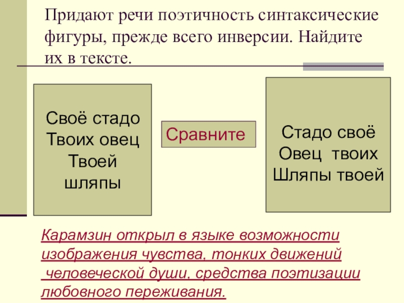 Придают речи поэтичность синтаксические фигуры, прежде всего инверсии. Найдите их в тексте.Сравните Своё стадоТвоих овецТвоей шляпыСтадо своёОвец