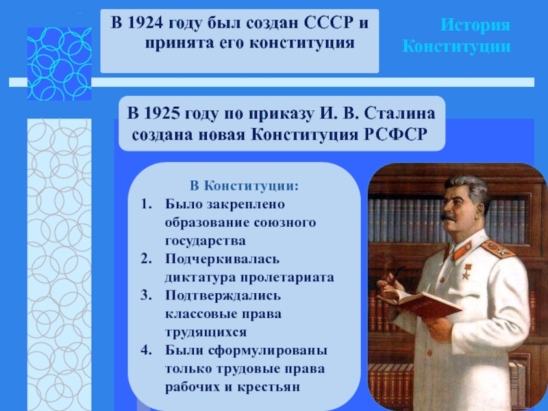 История  КонституцииВ 1924 году был создан СССР и принята его конституцияВ 1925 году по приказу И.