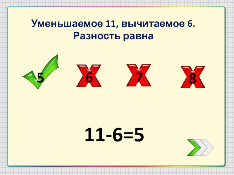 Уменьшаемое вычитаемое уменьшили. Уменьшаемое вычитаемое равно разность. Вычитаемое равно разности. Уменьшаемое вычитание равно разность. Уменьшаемое 11 вычитаемое 6 разность равна.