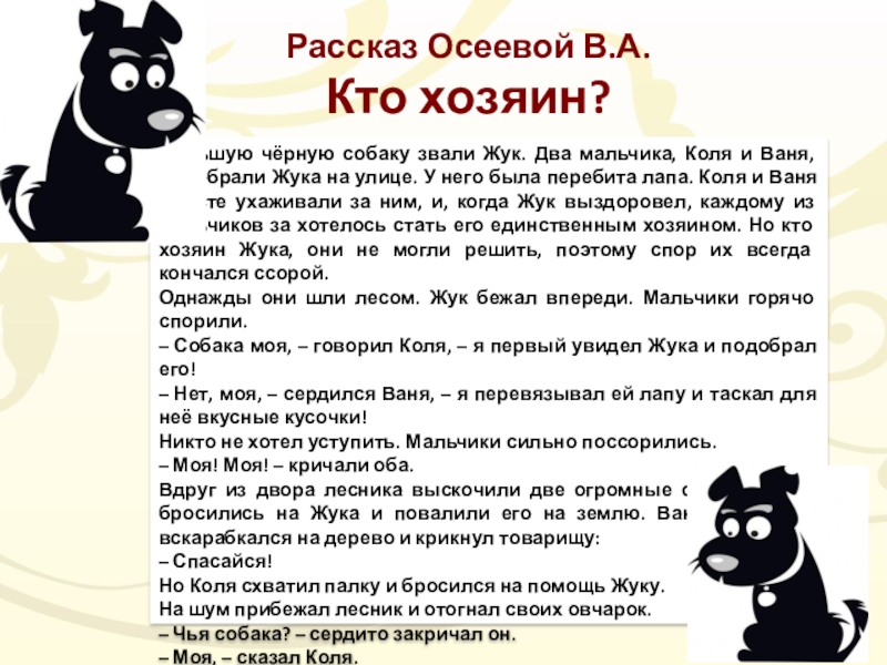 Кто хозяин. Рассказ кто хозяин. Рассказ Осеевой кто хозяин. Большую черную собаку звали. Осеева кто хозяин текст.