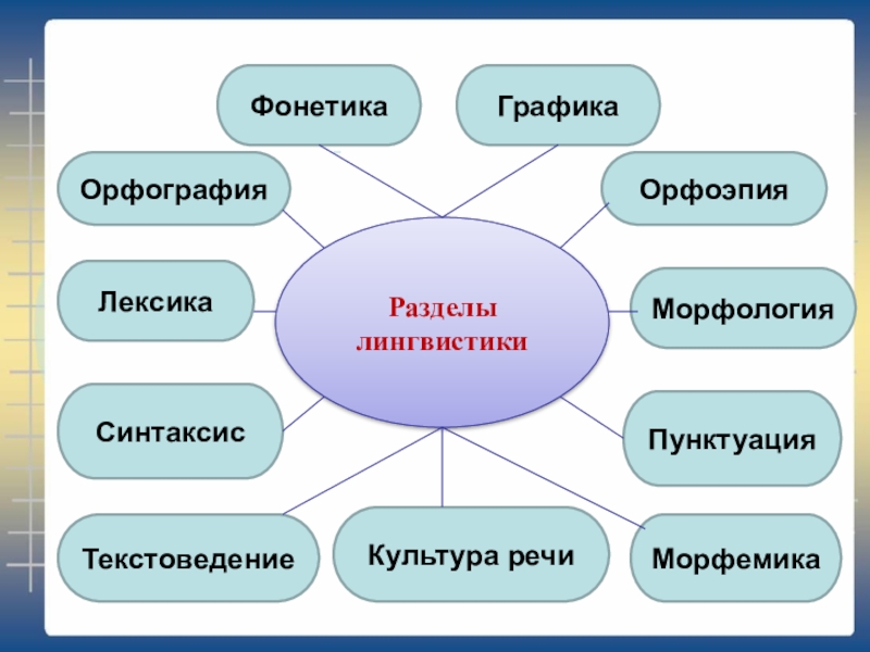 Орфография Фонетика Графика Орфоэпия Лексика Морфология Пунктуация Синтаксис Текстоведение Культура речиМорфемика Разделы лингвистики