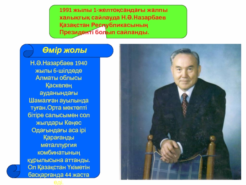 1991 жылы 1-желтоқсандағы жалпы      халықтық сайлауда Н.Ә.Назарбаев Қазақстан Республикасының Президенті болып сайланды.Н.Ә.Назарбаев