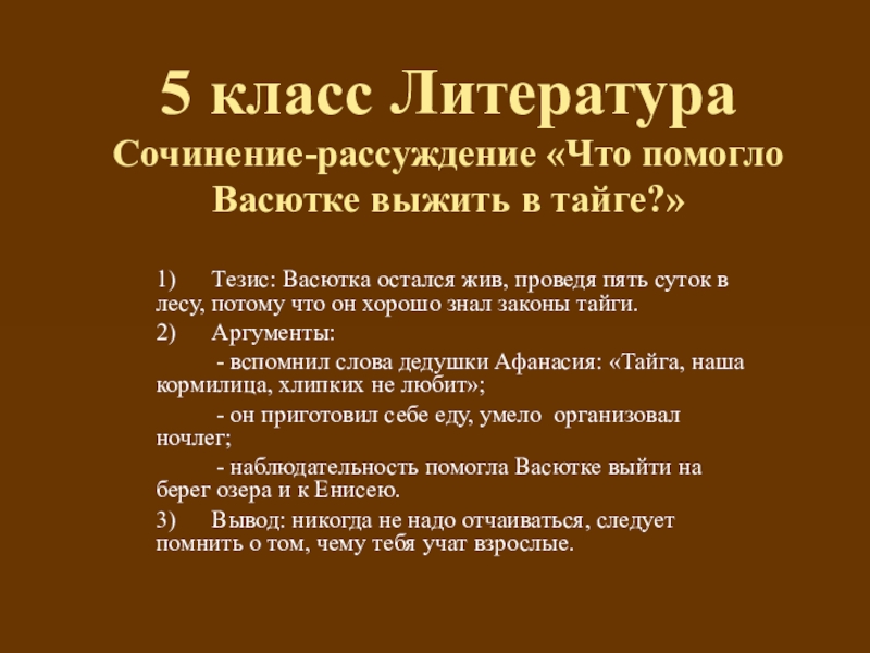 Как васютка выжил в тайге сочинение литература