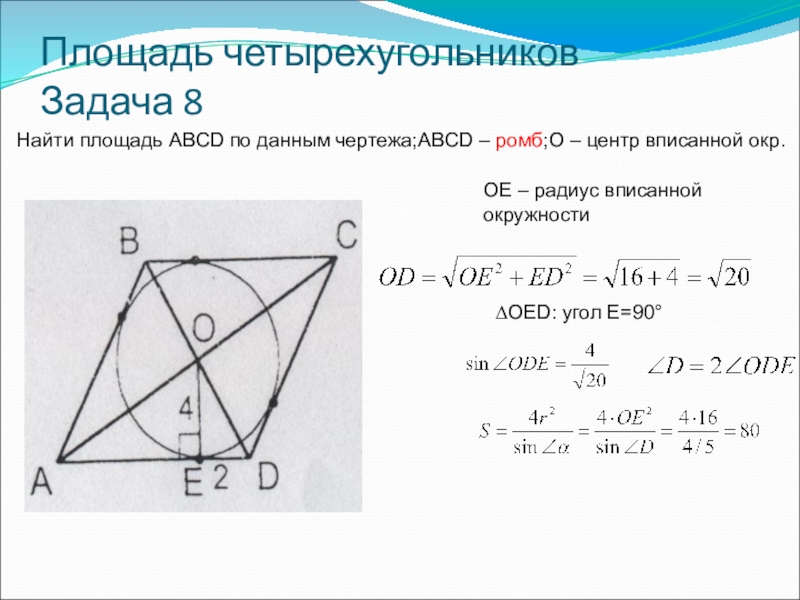 Центр описанной окружности ромба. Площадь вписанного четырехугольника. Площадь вписанного четырёхуго. Площадь четырехугольника вписанного в окружность. Центр вписанной окружности в четырехугольник.