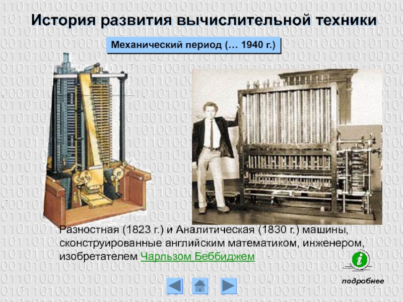 История развития вычислительной техникиМеханический период (… 1940 г.)Разностная (1823 г.) и Аналитическая (1830 г.) машины, сконструированные английским