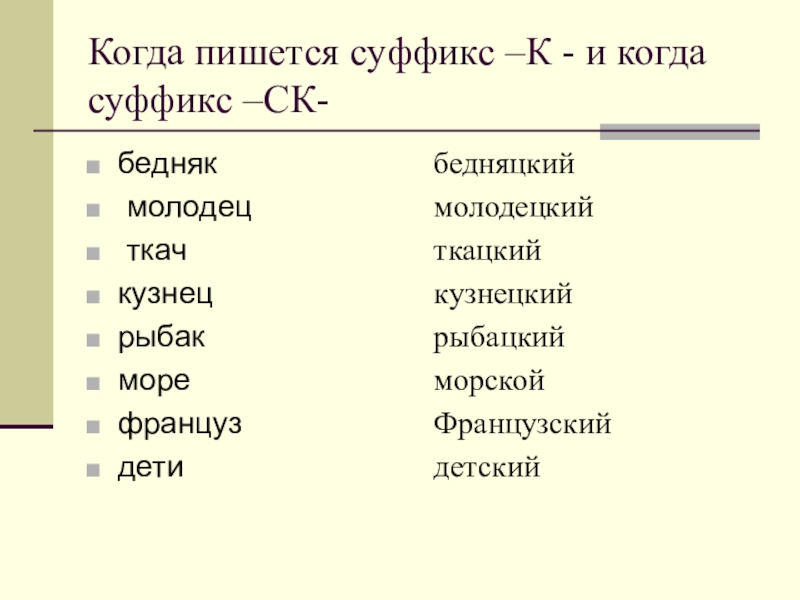 Суффиксы к ск в прилагательных 6 класс презентация