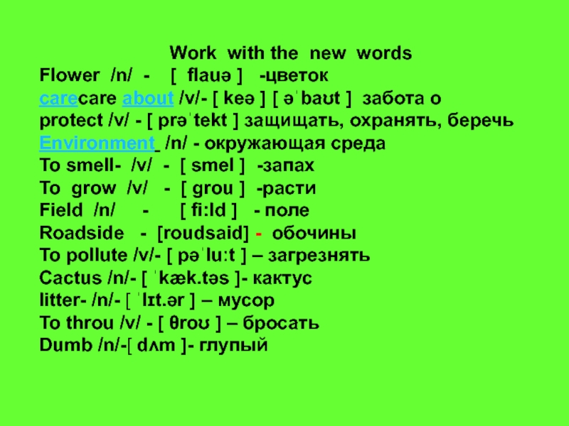 Work with the new wordsFlower /n/ -  [ flauә ]  -цветокcarecare about /v/- [ keə