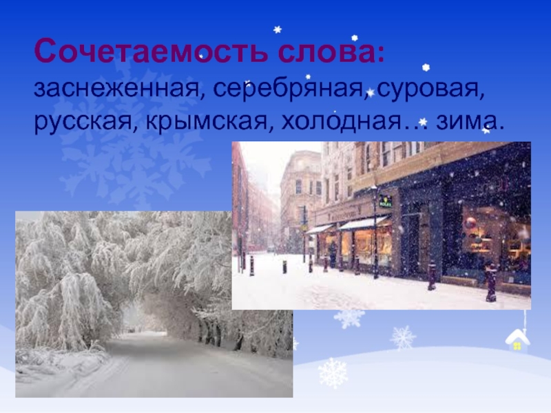 Сочетаемость слова: заснеженная, серебряная, суровая, русская, крымская, холодная… зима.