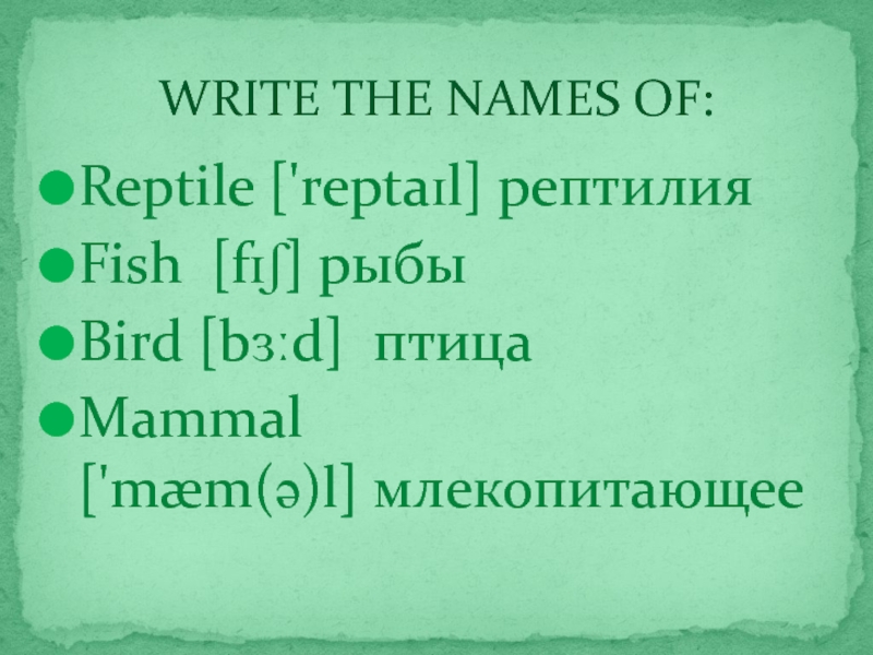 Reptile ['reptaɪl] рептилияFish [fɪʃ] рыбыBird [bɜːd]  птицаMammal ['mæm(ə)l] млекопитающееWRITE THE NAMES OF: