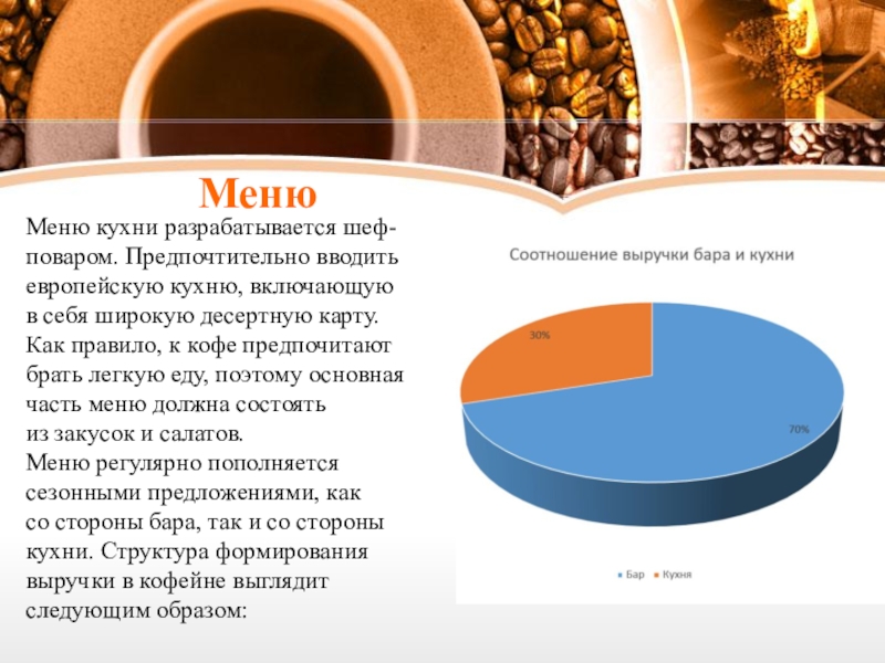 МенюМеню кухни разрабатывается шеф-поваром. Предпочтительно вводить европейскую кухню, включающую в себя широкую десертную карту. Как правило, к кофе предпочитают