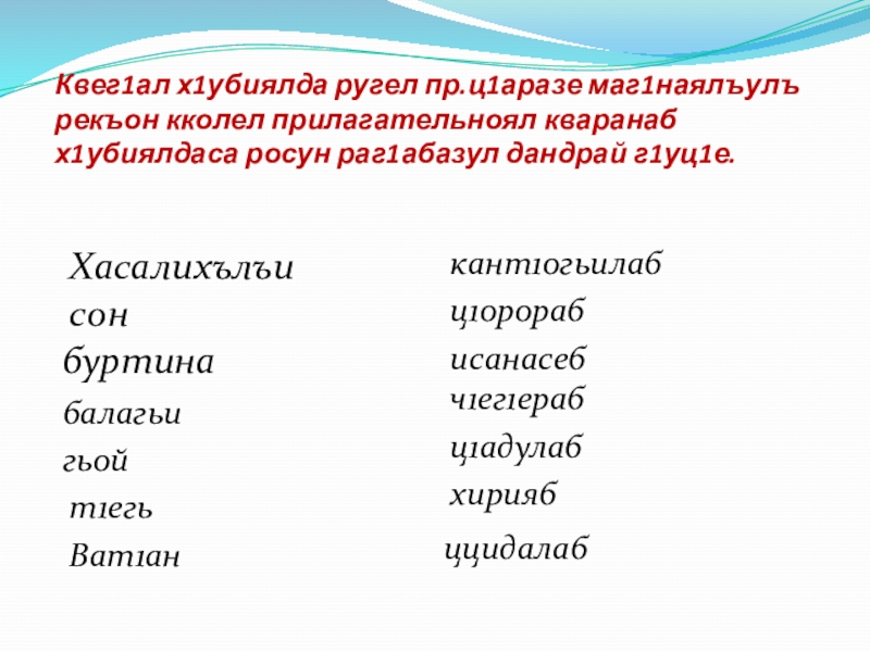 Квег1ал х1убиялда ругел пр.ц1аразе маг1наялъулъ рекъон кколел прилагательноял кваранаб х1убиялдаса росун раг1абазул дандрай г1уц1е.Хасалихълъисонбуртинабалагьигьойт1егьВат1анццидалабц1орорабисанасебч1ег1ерабц1адулабкант1огьилабхирияб