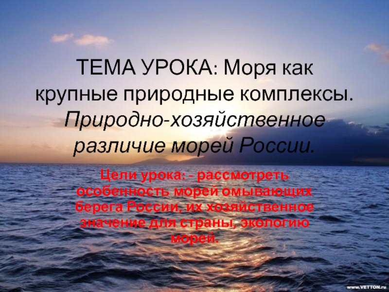 ТЕМА УРОКА: Моря как крупные природные комплексы. Природно-хозяйственное различие морей России. Цели урока: - рассмотреть особенность морей