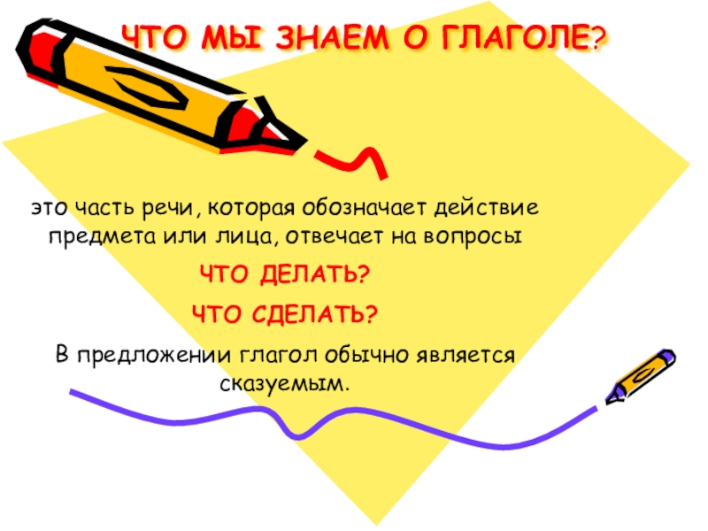 глагол - это часть речи, которая обозначает действие предмета или лица, отвечает на вопросыЧТО ДЕЛАТЬ?ЧТО СДЕЛАТЬ?В предложении