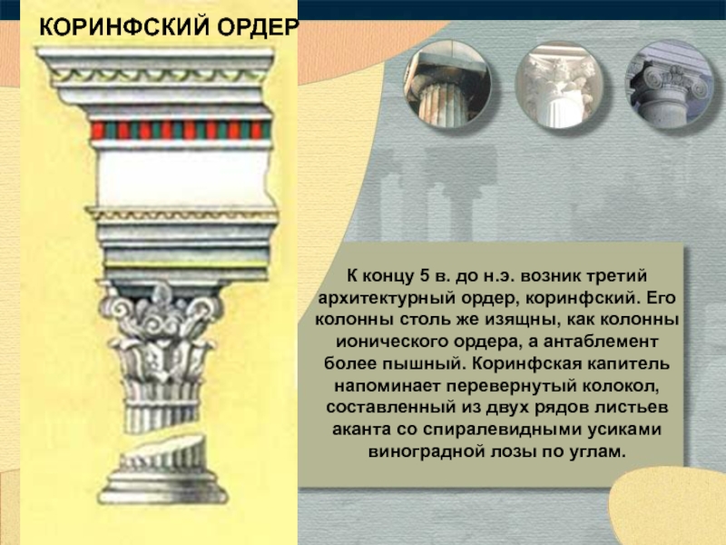 КОРИНФСКИЙ ОРДЕРК концу 5 в. до н.э. возник третий архитектурный ордер, коринфский. Его колонны столь же изящны,