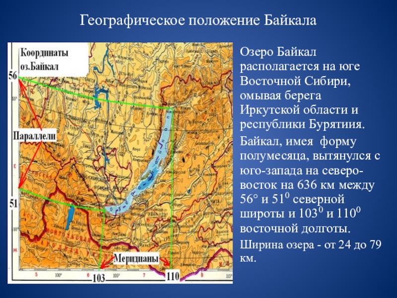 Географическое положение БайкалаОзеро Байкал располагается на юге Восточной Сибири, омывая берега Иркутской области и республики Бурятиия.Байкал, имея