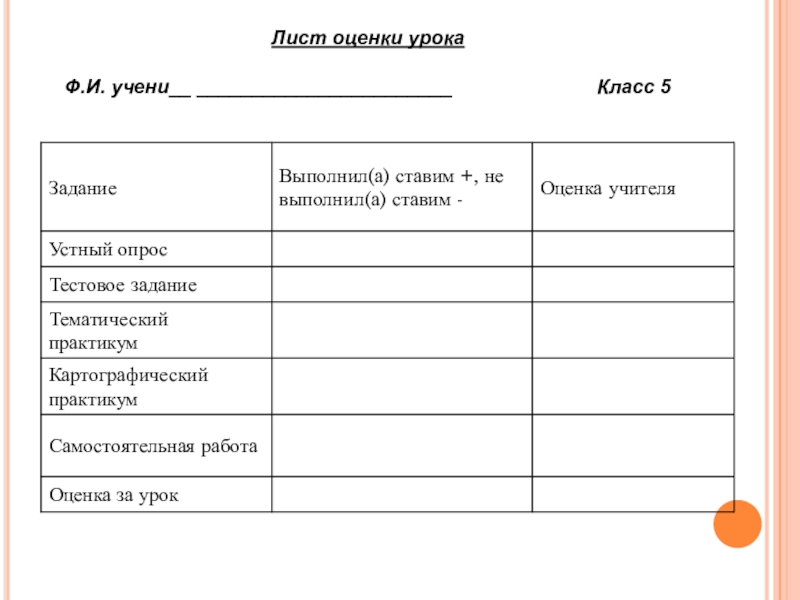 Лист оценивания урока образец