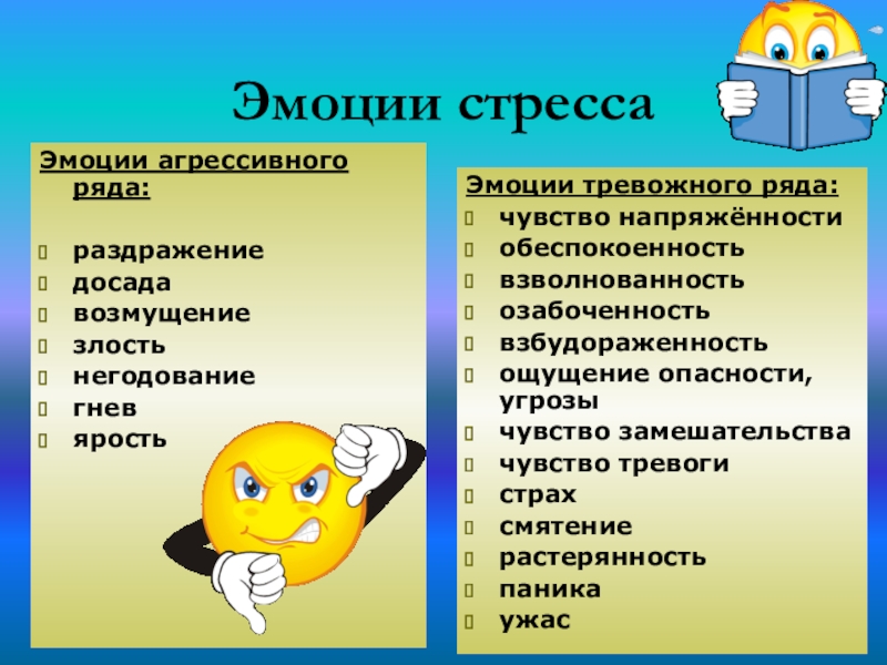 Эмоции стрессаЭмоции агрессивного ряда: раздражение досада возмущение злость негодование гнев ярость Эмоции тревожного ряда: чувство напряжённости обеспокоенность