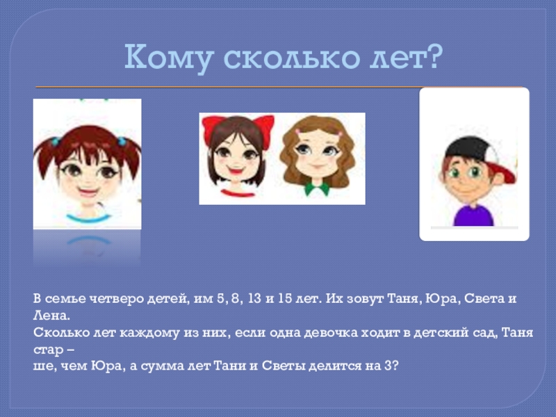 4 в лет ответ. Кому сколько лет. В семье 4 детей им 5.8.13.15. Реши задачу в семье четверо детей. В семье четверо детей детей зовут.