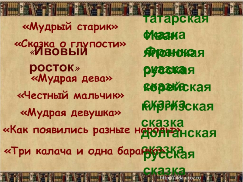 *«Сказка о глупости»Иван Франко«Мудрая дева»русская сказка«Честный мальчик»корейская сказка«Мудрая девушка»киргизская сказка«Как появились разные народы»долганская сказка«Три калача и одна