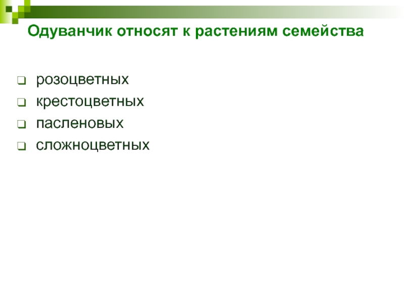 Одуванчик относят к растениям семейства розоцветных   крестоцветных  пасленовых   сложноцветных