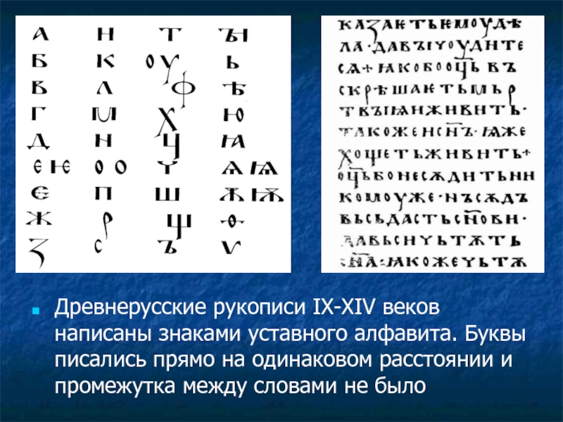 Древнерусские рукописи IX-XIV веков написаны знаками уставного алфавита. Буквы писались прямо на одинаковом расстоянии и промежутка между