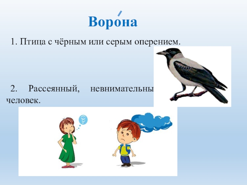 Смысл ворона. Птица с черным или серым оперением. Предложение со словом ворона 2 класс. Птица с черным или серым оперением 2 класс. Рассеянная ворона.