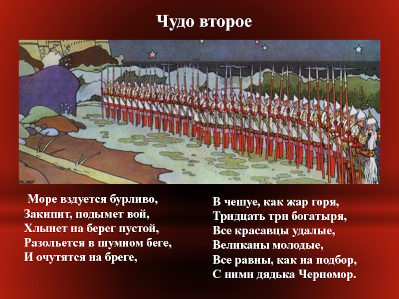 Второе чудо. Море вздуется бурливо закипит подымет вой хлынет на берег пустой. В чешуе как Жар горя. В чешуе как Жар горя тридцать три богатыря. Море вздуется бурливо закипит подымет вой хлынет.