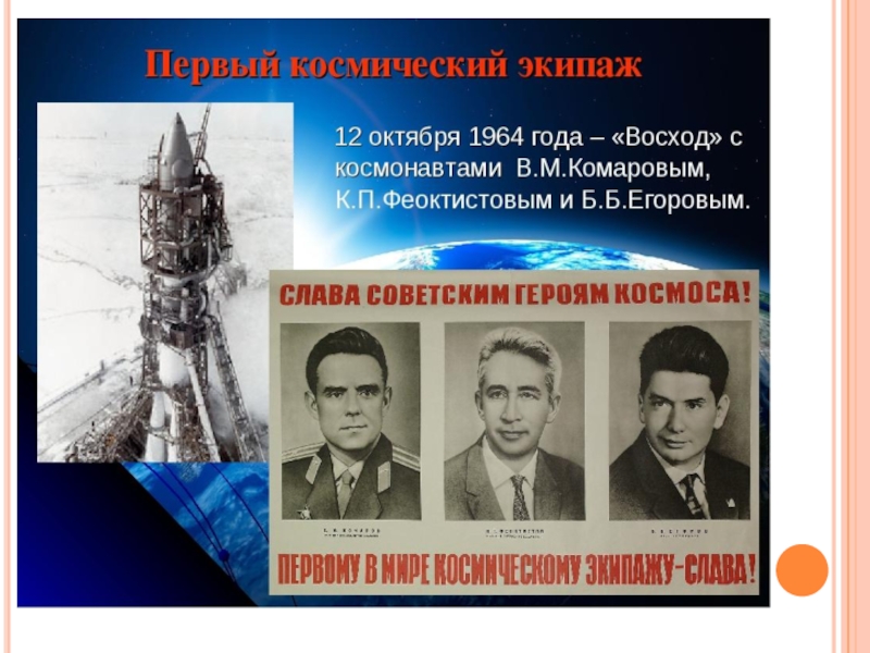 3 человек который полетел в космос. 12 Октября 1964 года стартовал 1 многоместный космический корабль Восход. Первый полет многоместного космического корабля. Первый космический экипаж. 12 Октября 1964.