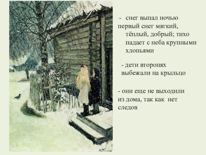 Описание картины 1 снег. Выбегала на крыльцо, небо Снежное в лицо. Выпал первый снег,и дети выбежали на улицу схема.