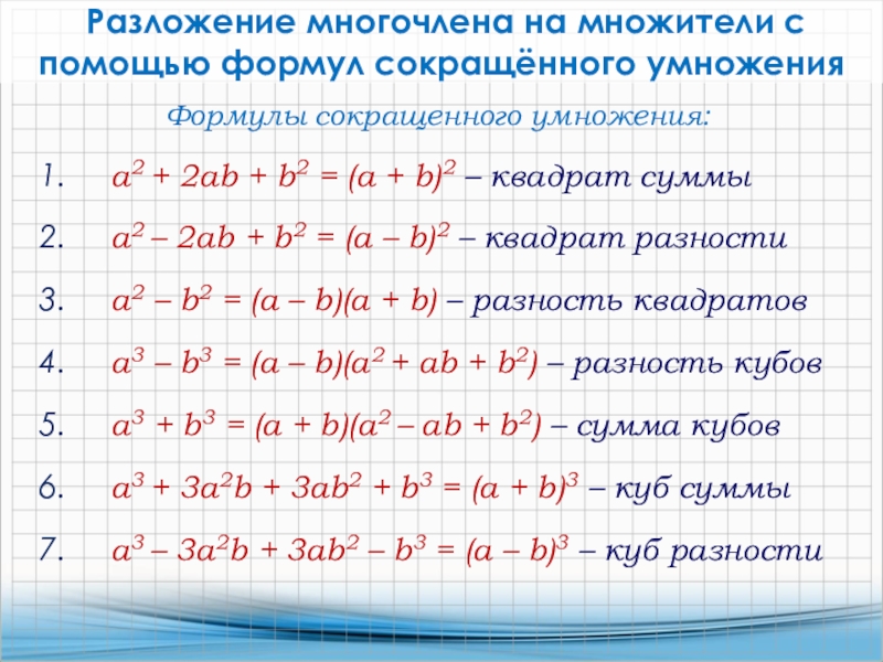 Найди произведение многочлена. Формула сокращенного умножения а2-2 в2. Формулы разложения многочлена на множители. Формула сокращенного умножения (a+b)2. Формулы разложения на множители 7 класс Алгебра.
