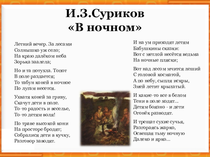 И.З.Суриков«В ночном»Летний вечер. За лесами Солнышко уж село; На краю далёком неба Зорька заалела; о Но и