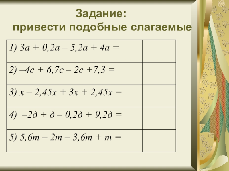 Презентация по математике 6 класс подобные слагаемые