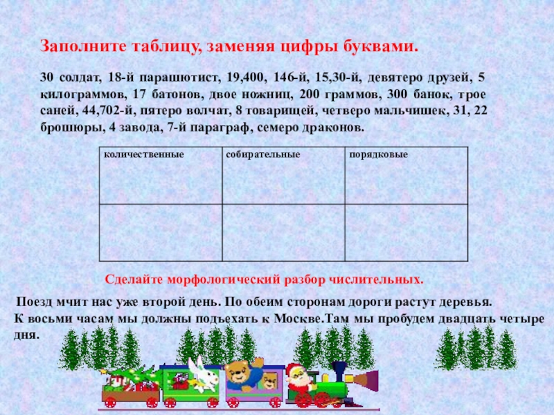 Заполните таблицу, заменяя цифры буквами.30 солдат, 18-й парашютист, 19,400, 146-й, 15,30-й, девятеро друзей, 5 килограммов, 17 батонов,