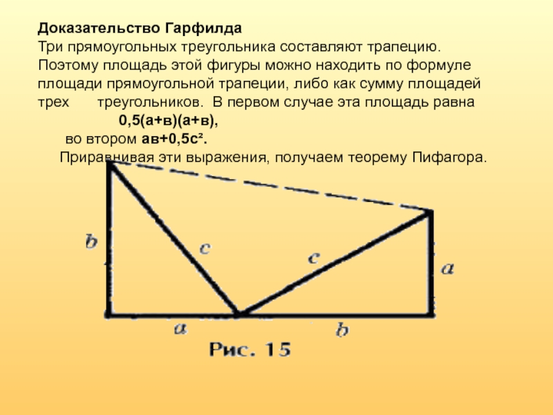 Доказательство ГарфилдаТри прямоугольных треугольника составляют трапецию. Поэтому площадь этой фигуры можно находить по формуле площади прямоугольной трапеции,