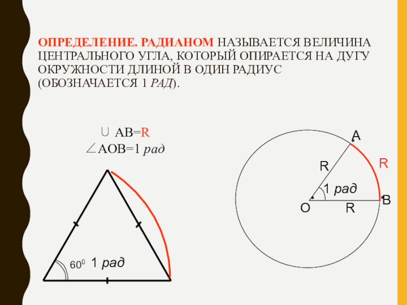 Длина радиана. Величина угла опирающегося на дугу окружности. Радианная мера дуги окружности. Длина дуги в радианах. Величина центрального угла.