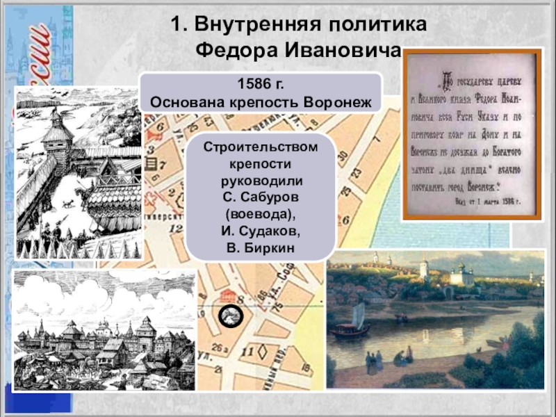 История 7 класс 16 век. Россия в конце 16 века внутренняя политика Федора Ивановича. Внутренняя политика Федора Ивановича. Основатели крепости Воронеж Воевода. Внешняя политика фёдора Ивановича карта.