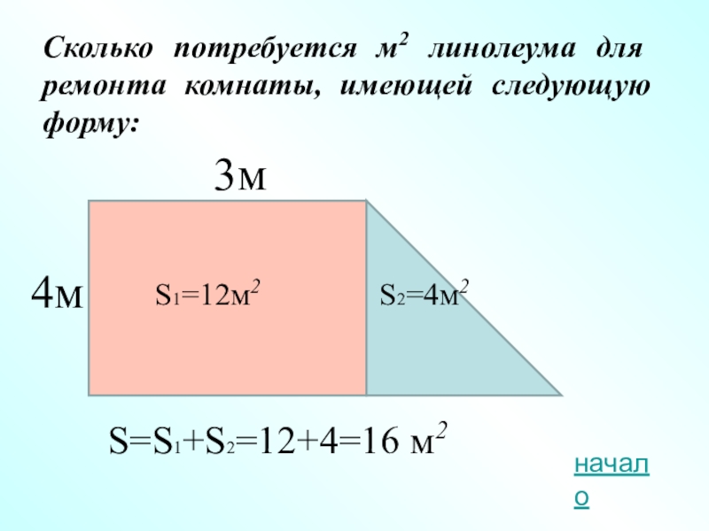 Сколько потребуется м2 линолеума для ремонта комнаты, имеющей следующую форму:3мS=S1+S2=12+4=16 м24мS1=12м2S2=4м2начало