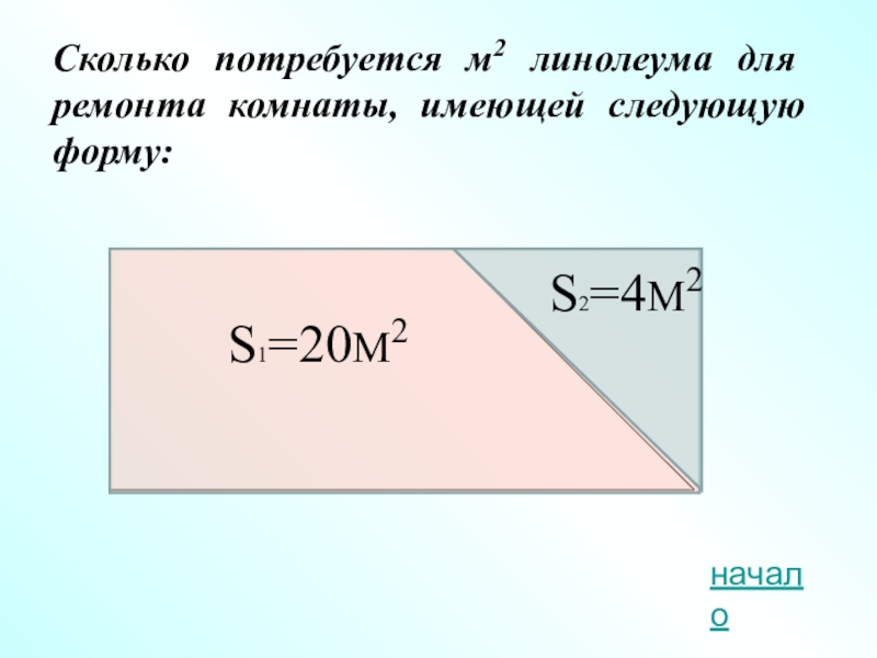 Сколько потребуется м2 линолеума для ремонта комнаты, имеющей следующую форму:S1=20М2S2=4М2начало