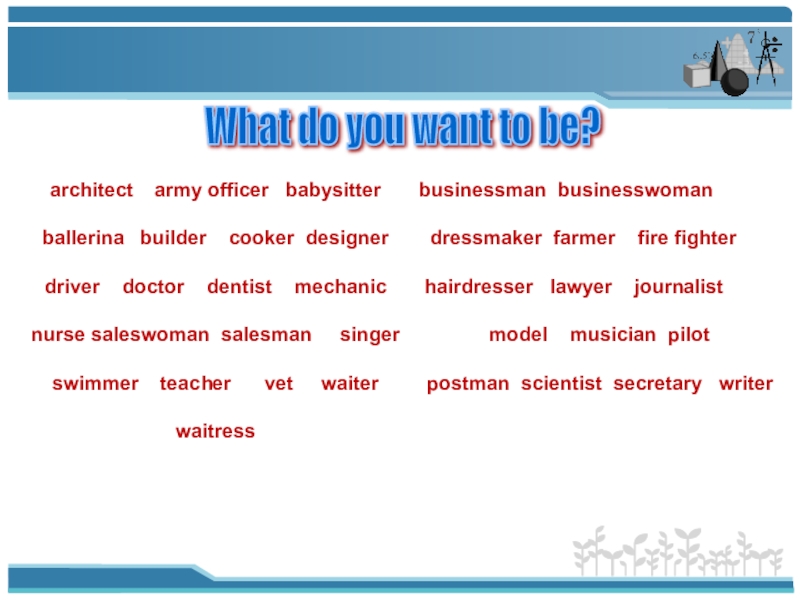 What do you want to be? architect  army officer  babysitter ballerina  builder  cooker
