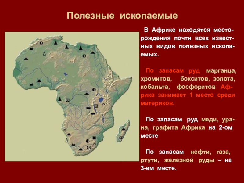 Ископаемые восточной африки. Полезные ископаемые Африки 7 класс география. Карта полезных ископаемых Африки 7 класс. Карта Африки рельеф и полезные ископаемые. Полезные ископаемые Африки.