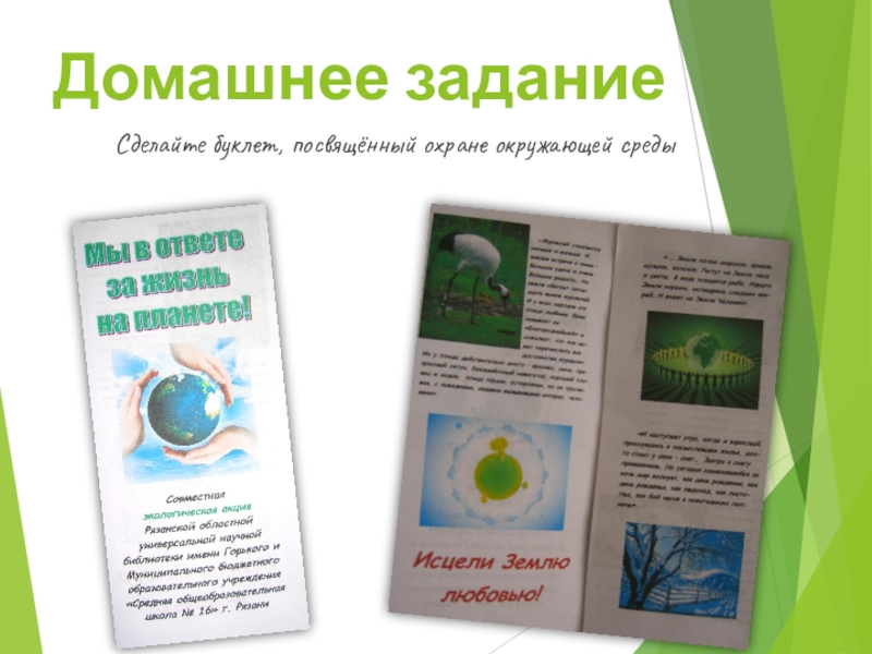 Домашнее заданиеСделайте буклет, посвящённый охране окружающей среды