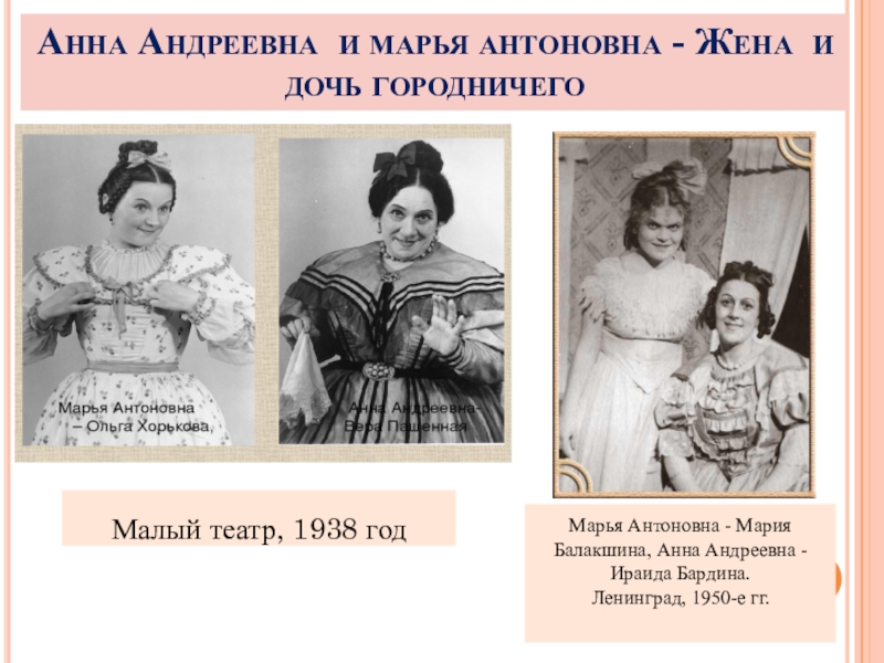 Характеристика анны андреевны. Анна Андреевна и Марья Антоновна жена и дочь городничего. Анна Андреевна, Марья Антоновна малый театр. Марья Антоновна Ольга Хорькова. Анна Андреевна и Марья Антоновна Ревизор.