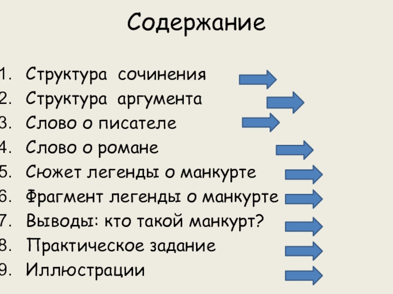 СодержаниеСтруктура сочиненияСтруктура аргументаСлово о писателеСлово о романеСюжет легенды о манкуртеФрагмент легенды о манкуртеВыводы: кто такой манкурт?Практическое заданиеИллюстрации