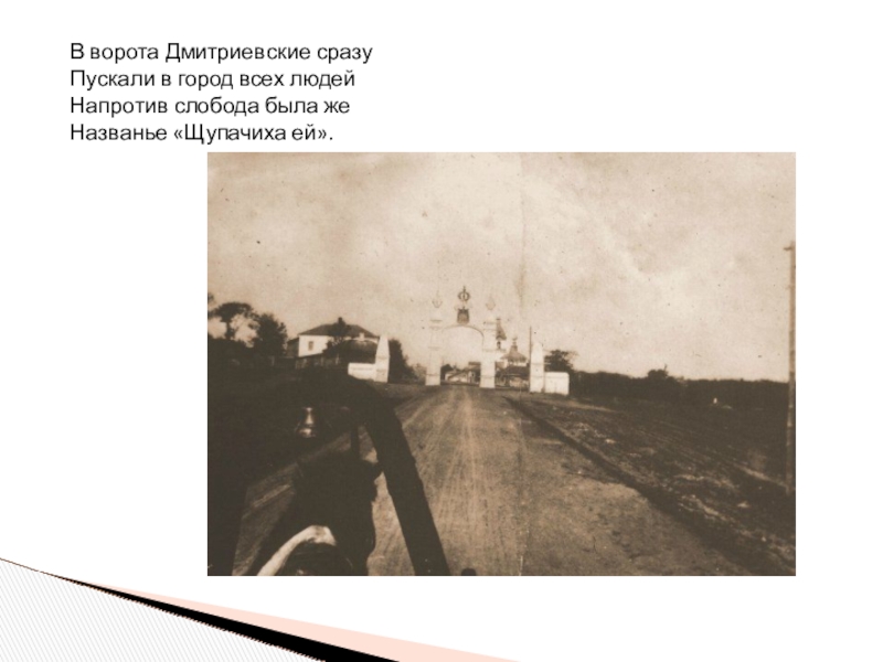 В ворота Дмитриевские сразуПускали в город всех людейНапротив слобода была жеНазванье «Щупачиха ей».