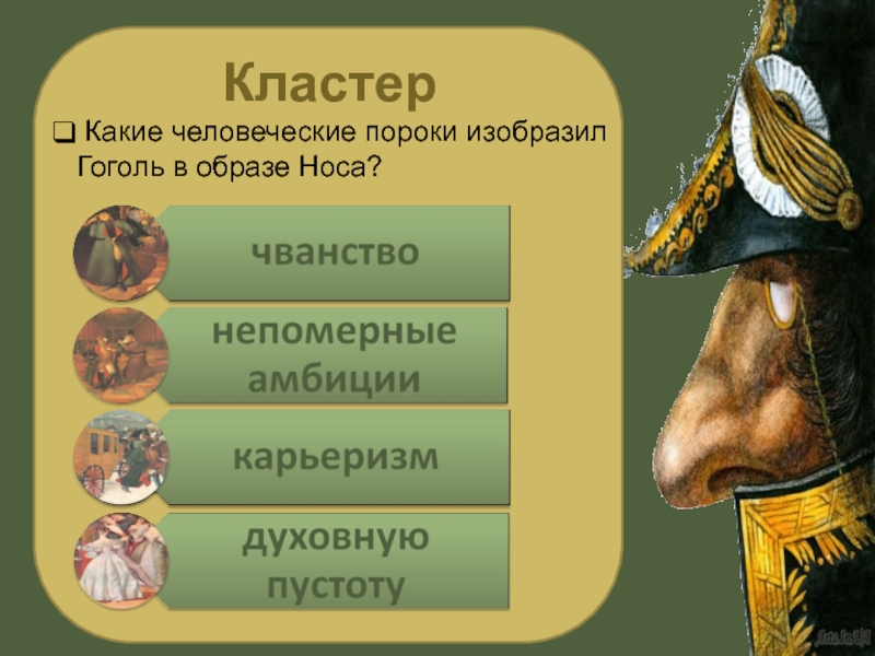 Нос анализ произведения. Пороки в повести нос. Кластер Гоголь. Гоголь нос кластер. Человеческие пороки.