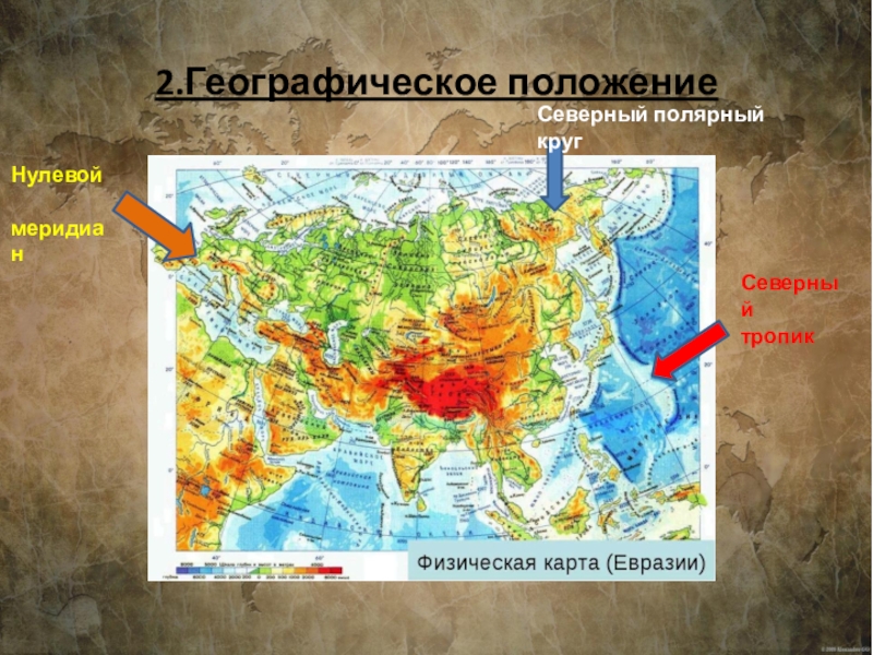 Положение евразии по отношению к тропикам. Северный Тропик Евразии. Географическое положение Евразии. Карта Евразии. Северные тропики Евразии.