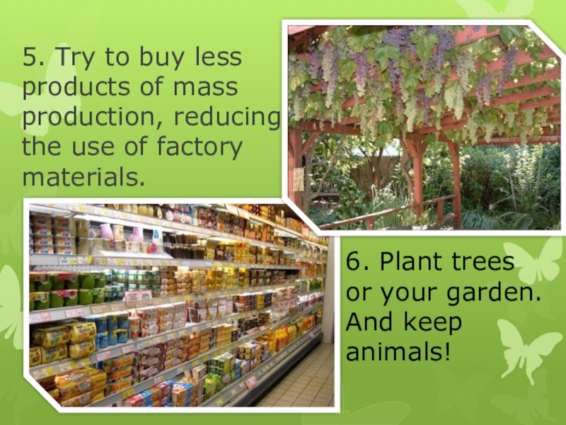 5. Try to buy less products of mass production, reducing the use of factory materials.6. Plant trees