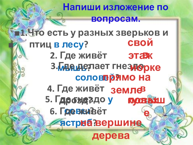 Лесные этажи изложение. Этажи в лесу изложение 2 класс. Изложение этажи леса 2 класс. У птиц и зверьков в лесу есть свои этажи. Вопросы к изложению 2 класс лисички.